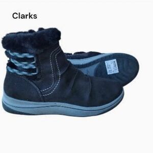 Clarks Breeze Cozy Cloudstepper Black Ankle Loafer Boot Suede Shoe Fur Women 7